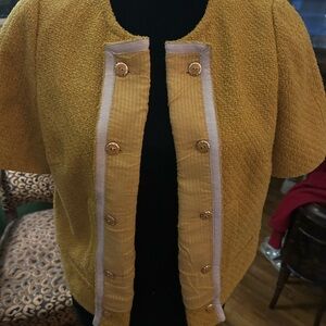 Anthropologie Mustard Yellow Short-Sleeve Bouclé Jacket with Contrast Placket